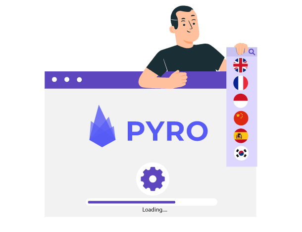 Man standing behind computer screen with Pyro logo. Screen shows loading animation.
