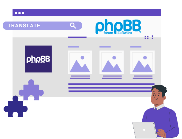 A design concept for a phpBB translation page. The page features a simple layout with a search bar and several image placeholders.