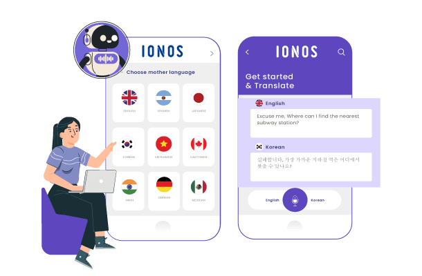 A person using a mobile device with various IONOS website features
