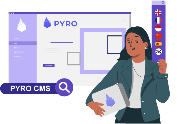 A woman holding a laptop with a Pyro CMS interface on the screen.