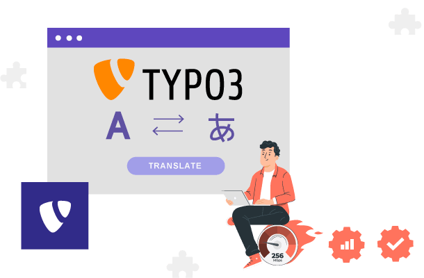 Typo3 translation process diagram. A person working on a laptop.