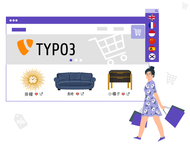 A woman walking with shopping bags in front of a computer screen showing TYP03 product design interface.