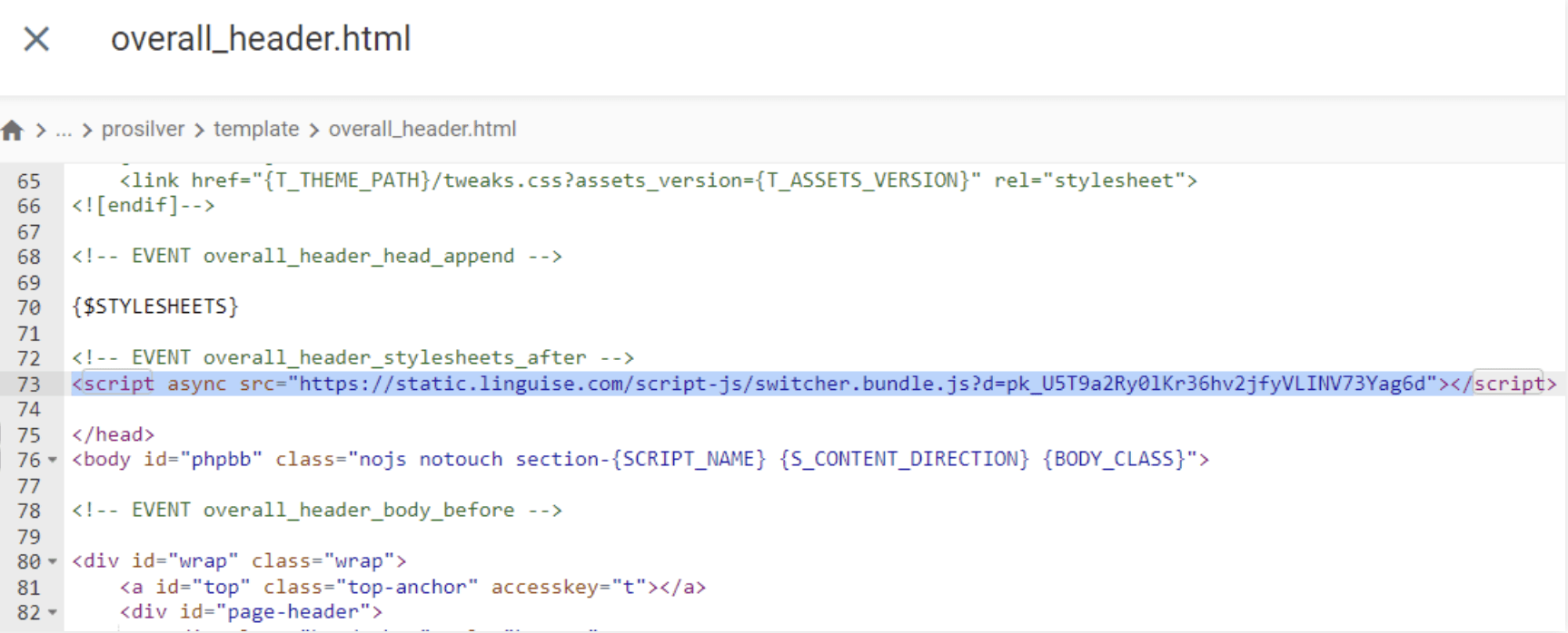 screenshot of html code for overall header section