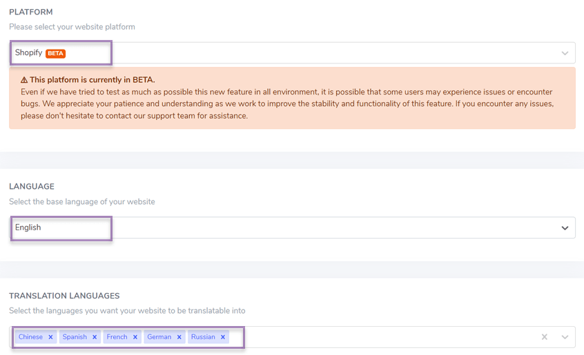 Translation language settings