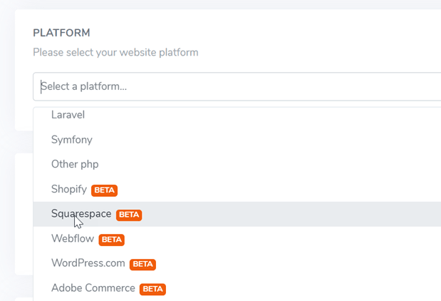 Dropdown menu for choosing a website platform