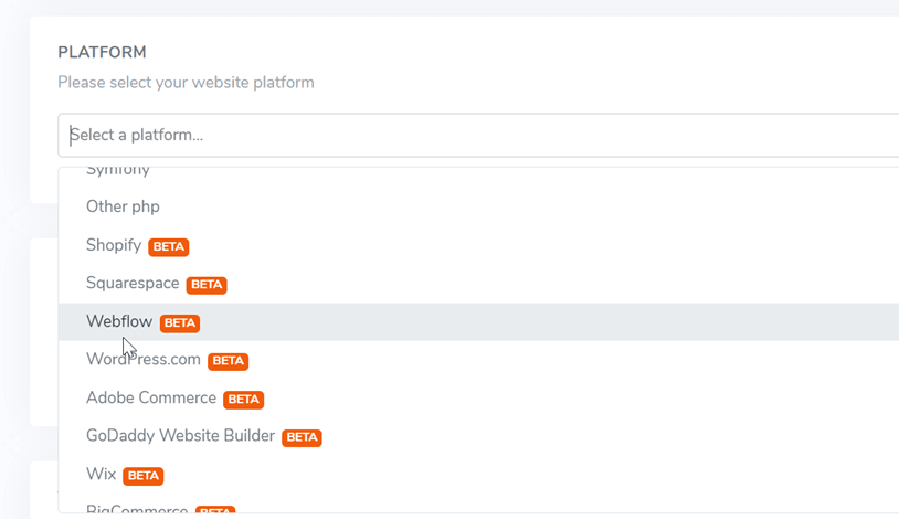 Dropdown menu for selecting a website platform