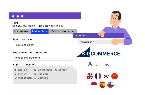 E commerce translation interface screenshot. Online shopping localization tools.