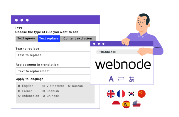 A screenshot of the Webnode website builder interface. The image shows a man pointing to a computer screen with a website menu.