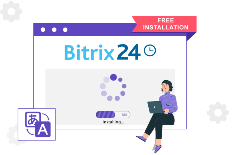 Bitrix24 free installation process. A person sitting with a laptop.