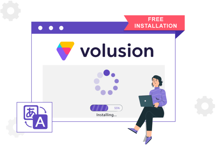 Volusion installation process on a computer screen. A woman is sitting with a laptop.