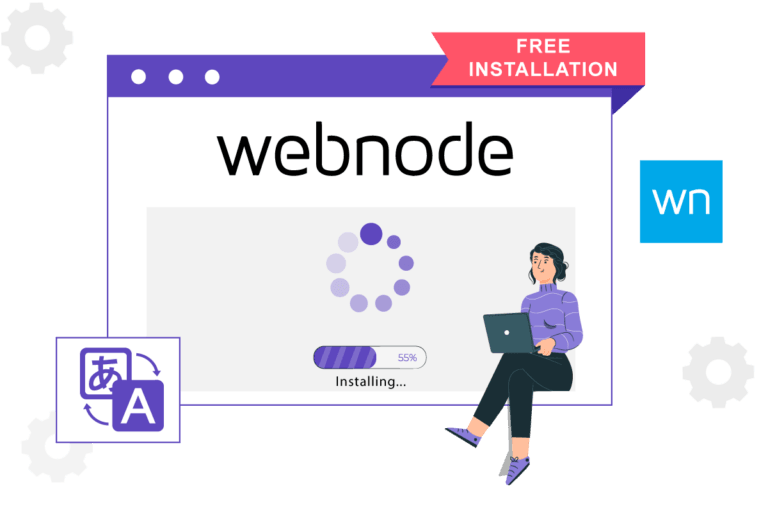 A woman using a laptop with Webnode logo on screen.