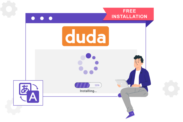 A man sitting with a laptop next to a Duda website installation screen.