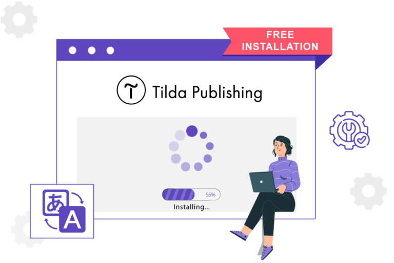 Tilda Publishing website installation. Woman sitting with laptop.