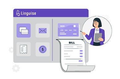 Digital illustration of a translation interface on a computer with a document and icons. A woman points at the screen.