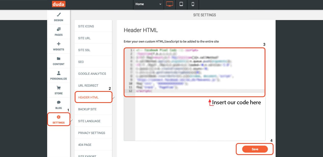 Screenshot of a website's header HTML code interface. Code editor with text.
