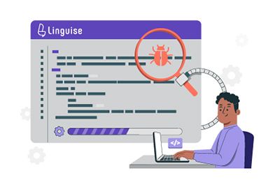 A man sitting at a laptop with a large screen displaying the Linguise bug detection tool. A magnifying glass highlights a bug.