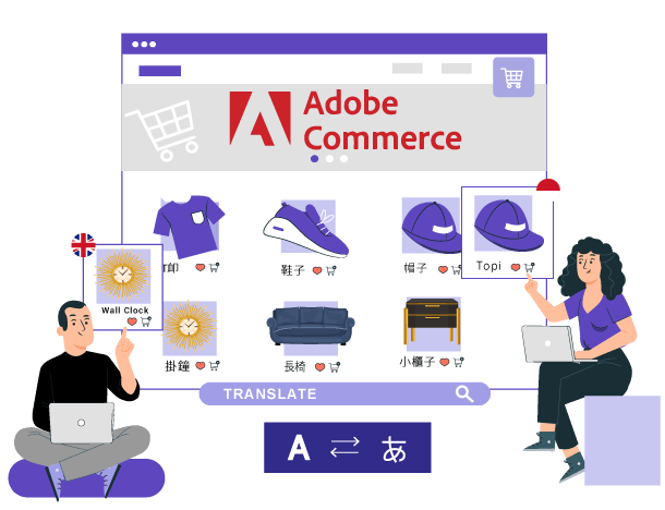 An illustration of a website design with various icons and graphics, showcasing e-commerce elements.