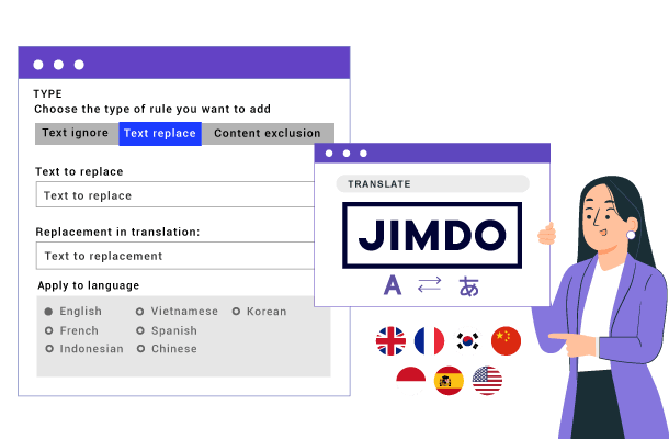 JIMDO website builder interface screenshot. A woman pointing at the screen.