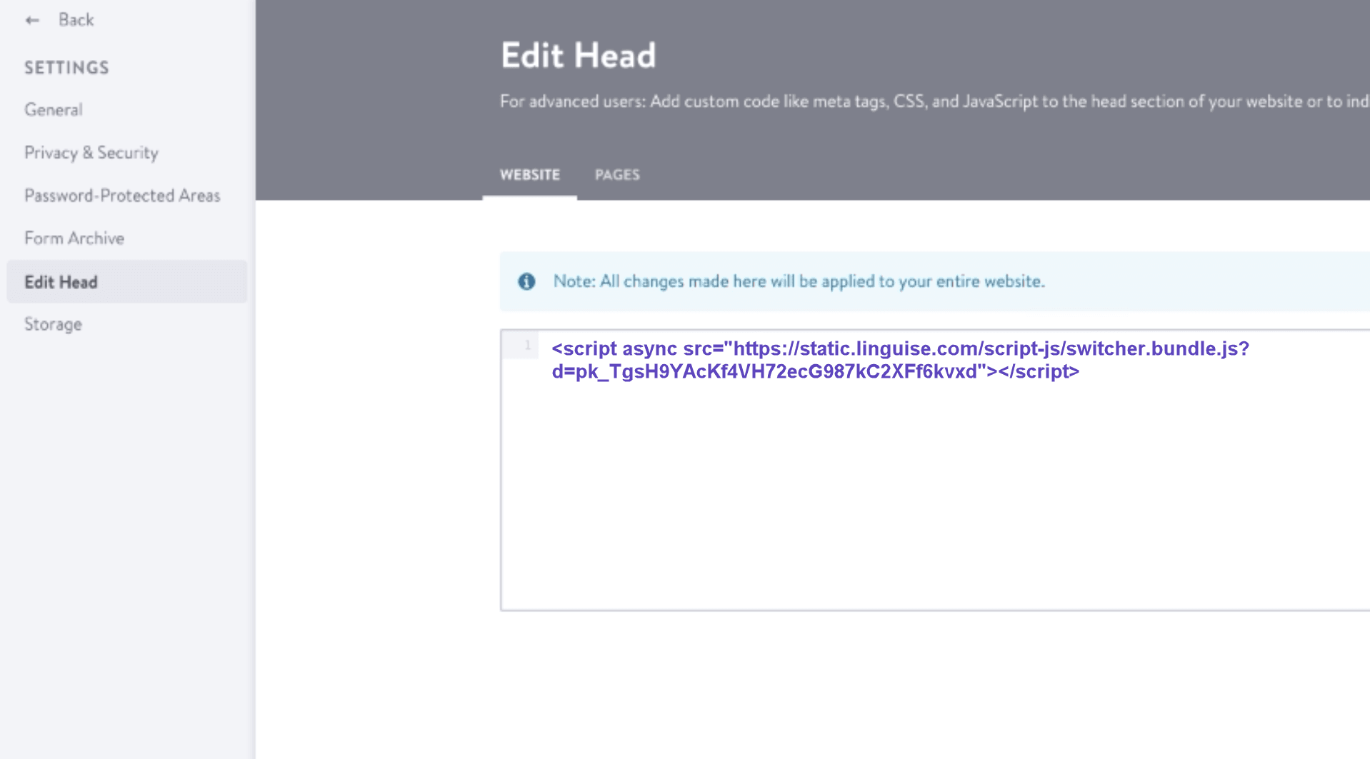 Edit Head section for website settings