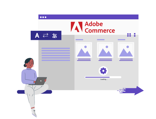 A woman using a laptop next to a large Adobe Commerce webpage.