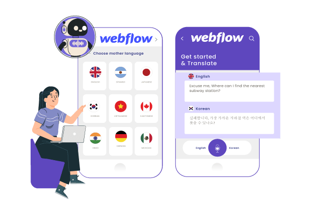 Webflow interface with design features. A person interacting.