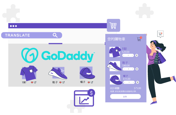 A person interacting with a GoDaddy website builder interface. The interface shows various tools and features.