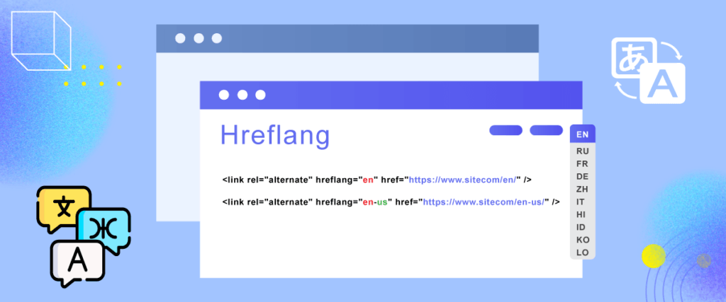Conceito de tags Hireflang. Ferramenta de tradução SEO.