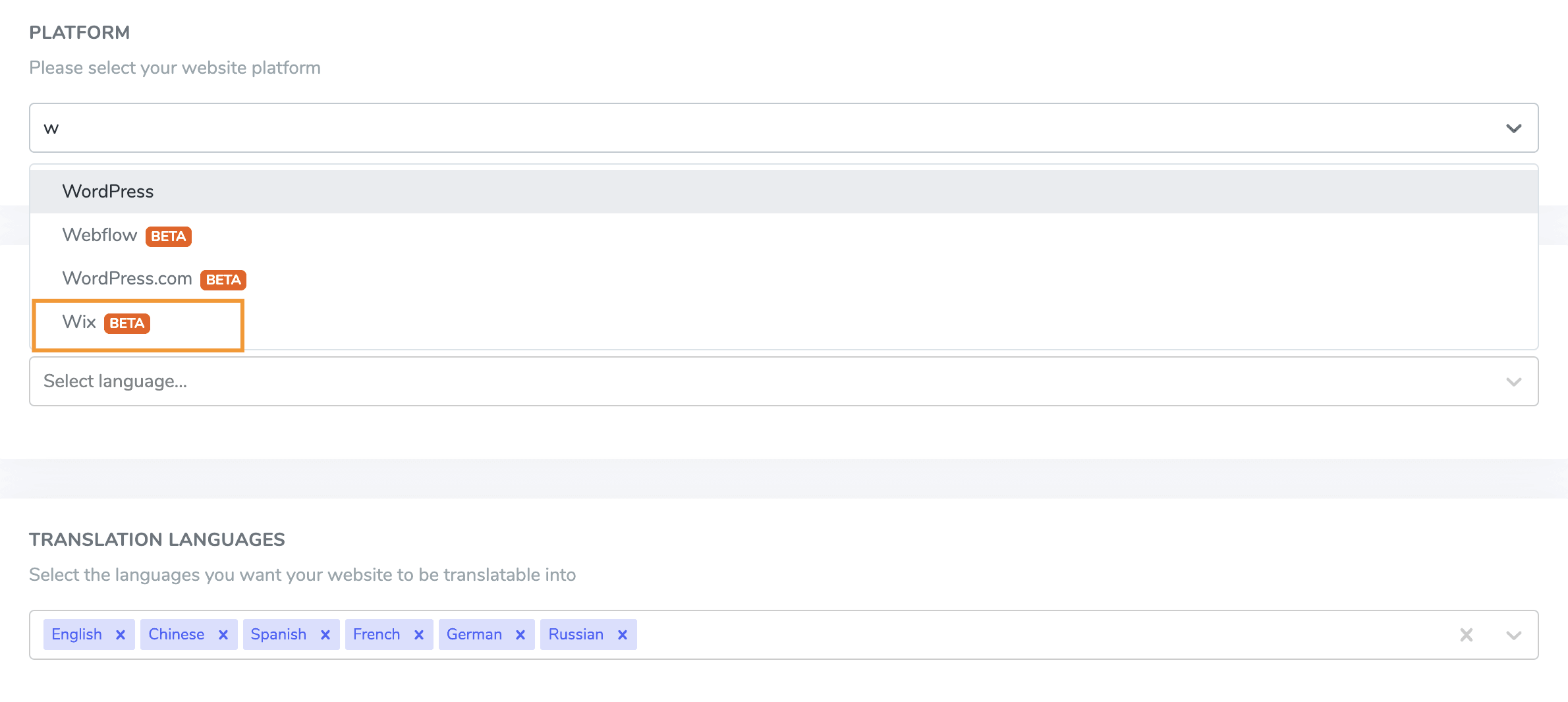 Screenshot of translation platform interface