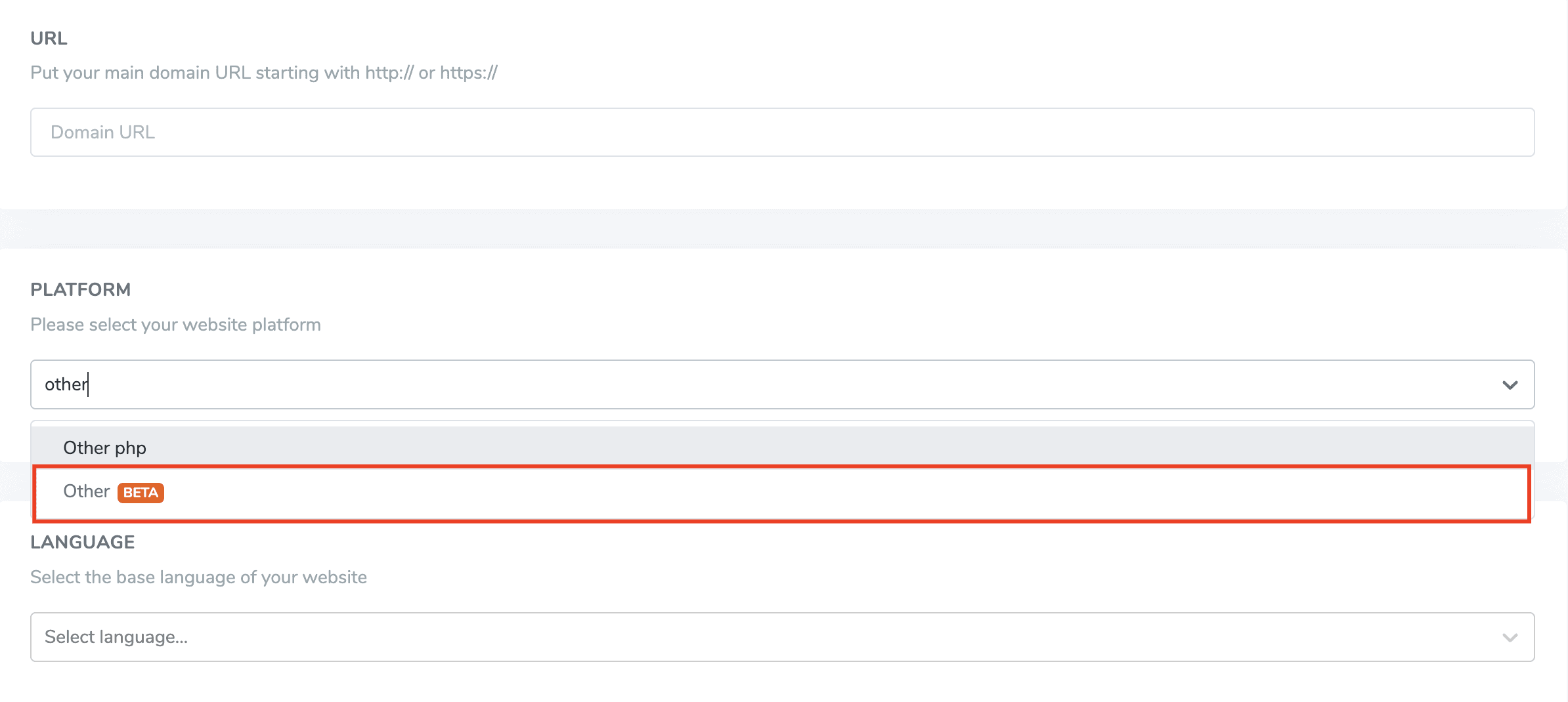 Menu for selecting platforms with an error option highlighted.