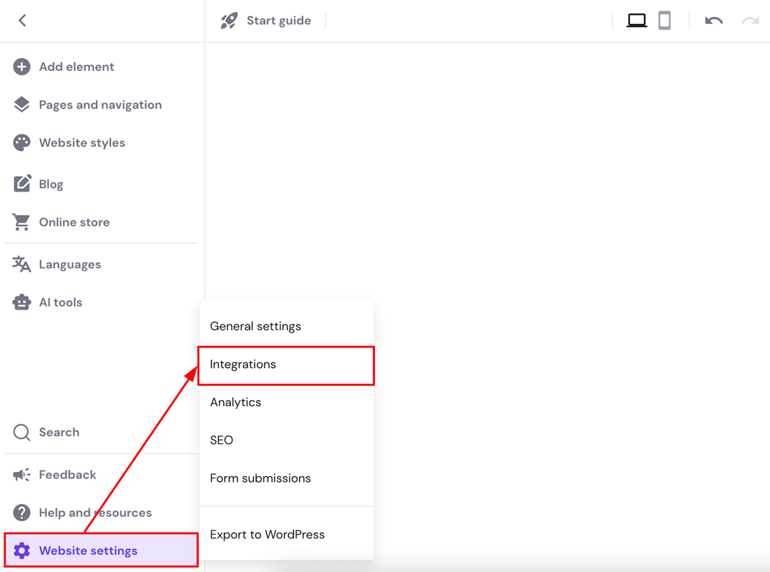 Screenshot of website settings menu.