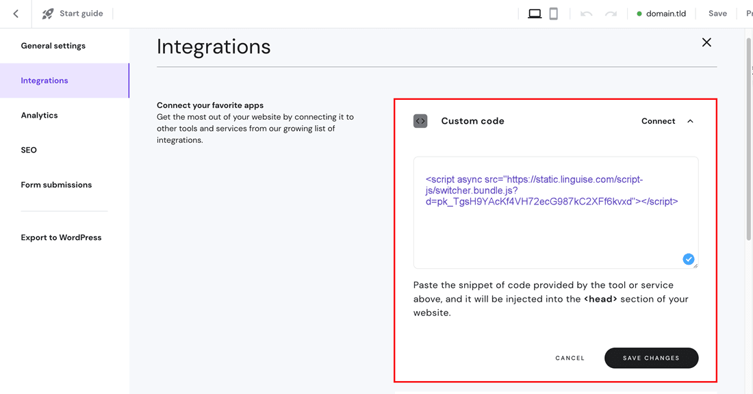 Screenshot of web page with integrations and custom code.