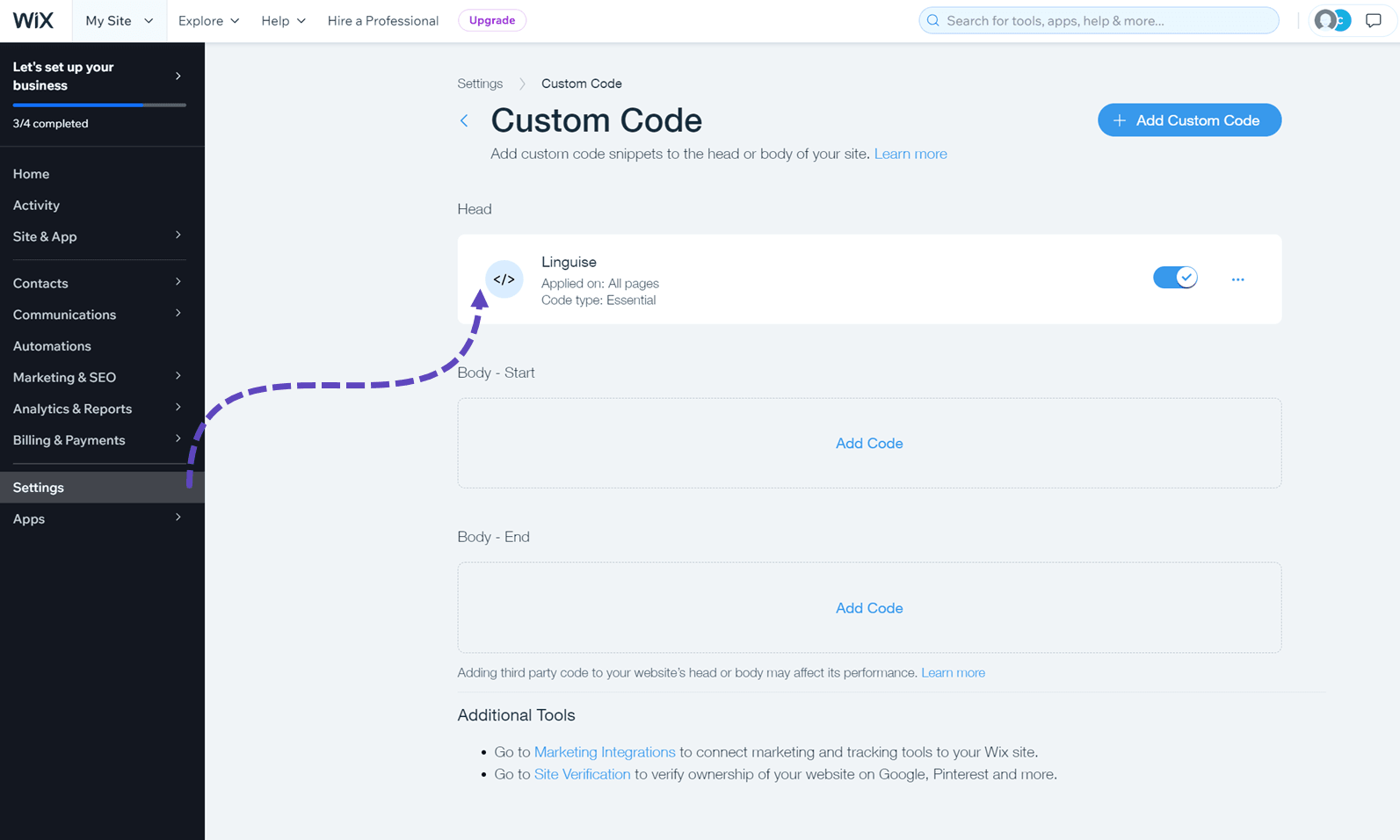 A screenshot of a custom code dashboard with a graph showing an upward trend. The dashboard has a menu on the left and a main section with a title and a blue button.