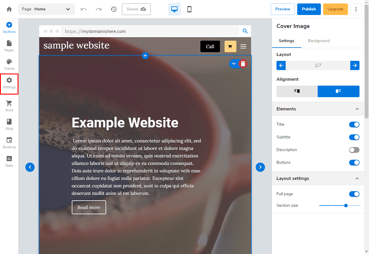 A screenshot of a website builder interface with a sample website and editing tools.