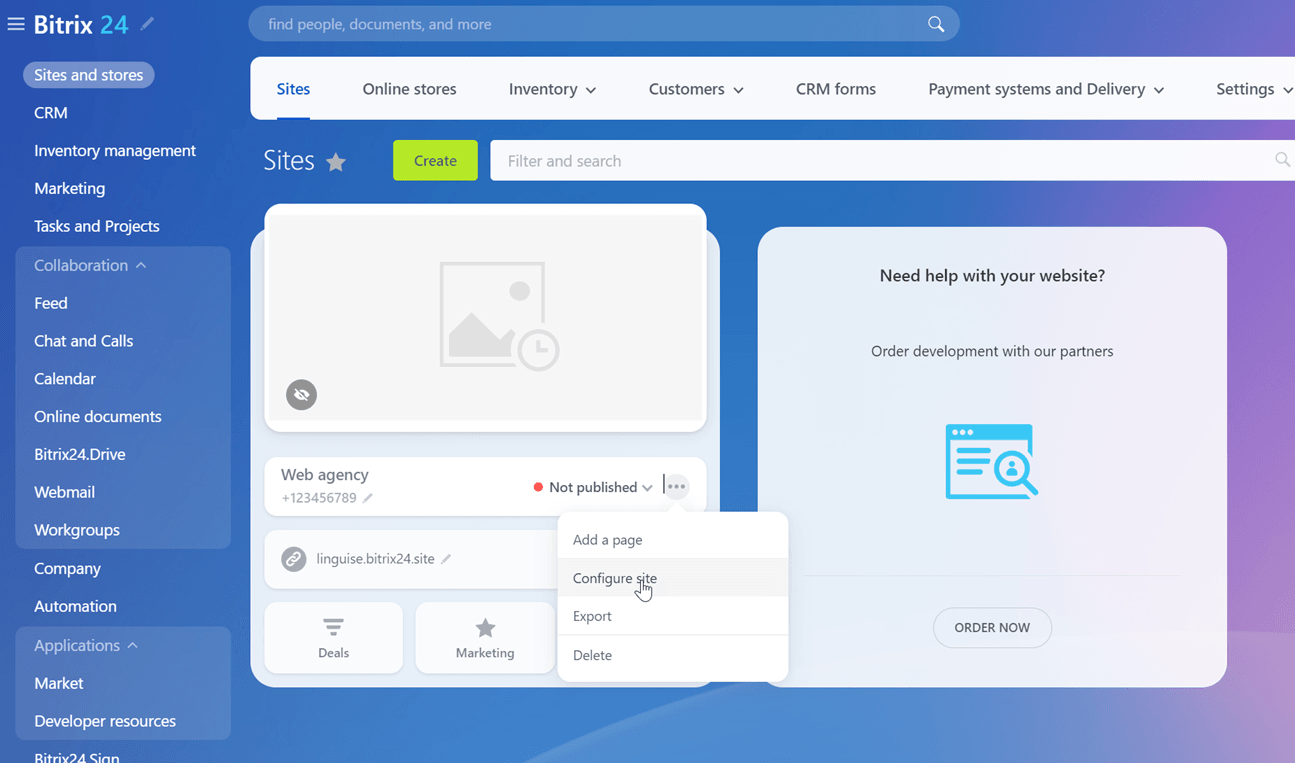 Website dashboard with various settings options available.