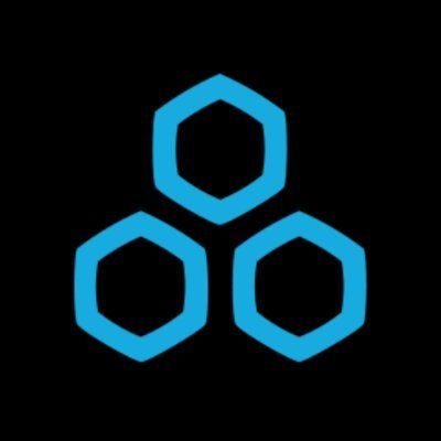A blue logo featuring three hexagons