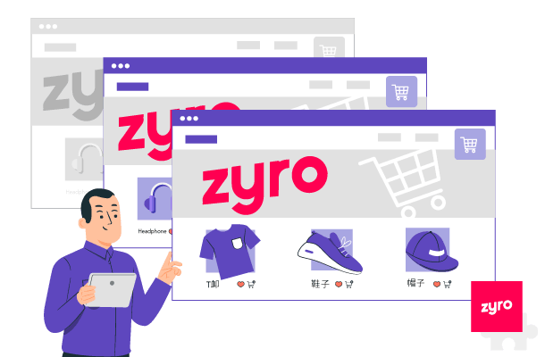 A man holding a tablet with multiple screens displaying the Zyro website builder interface. Various icons and graphics are visible.