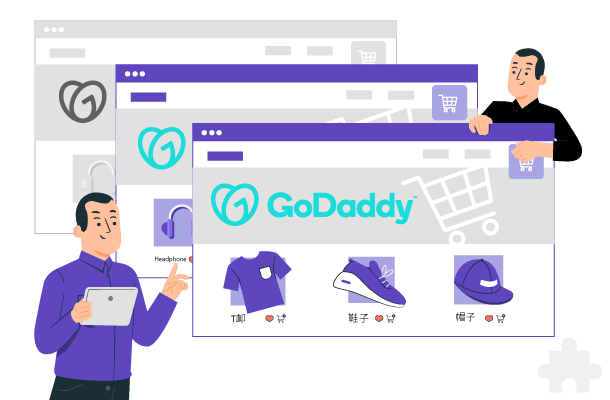 Two men building a website with GoDaddy tools.