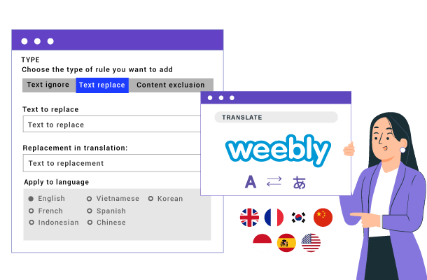 A woman using Weebly tools to create a website. Weebly logo.