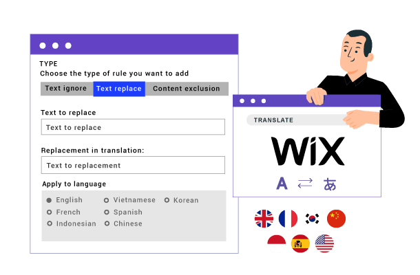 Screenshot of Wix website builder interface. A man standing next to a sign.