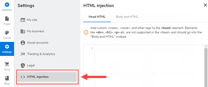 Website settings menu with HTML injection option.