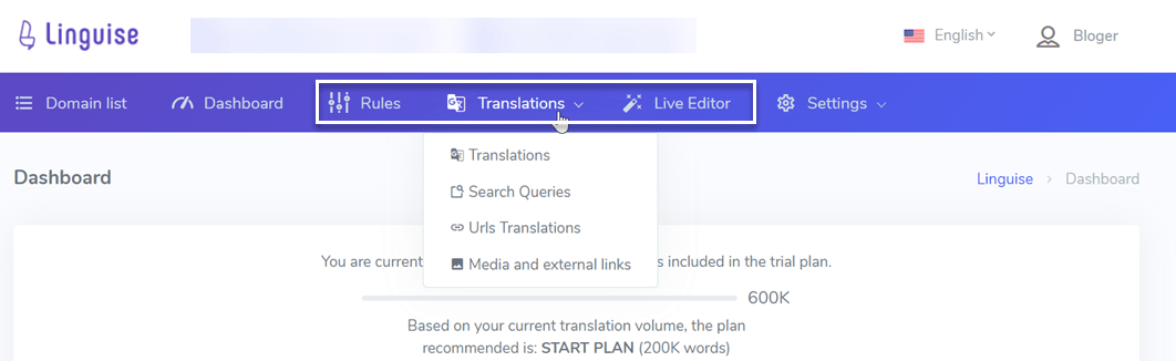 Lingvist dashboard screenshot showing various menu options.