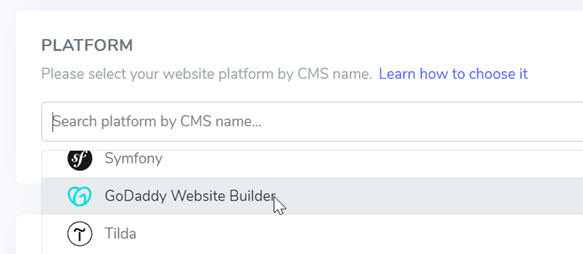 Dropdown menu for choosing website platform