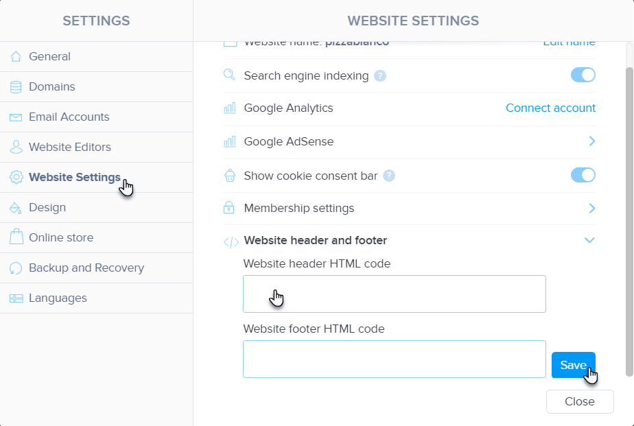 Website settings panel for managing header and footer