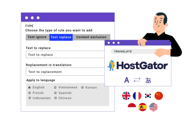 A screenshot of a website builder tool interface with various options and settings. A man pointing at the screen.