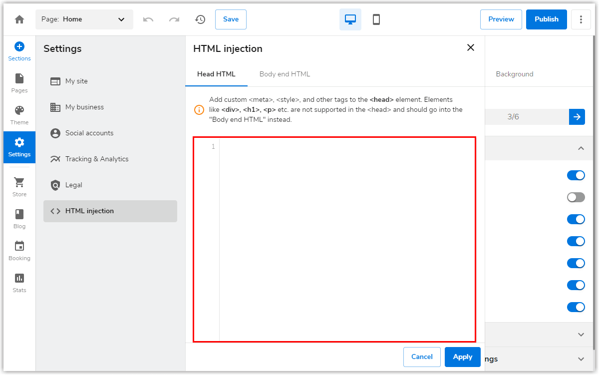 Screenshot of HTML export settings page