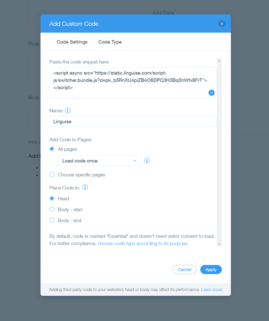 Settings to add custom code to a webpage