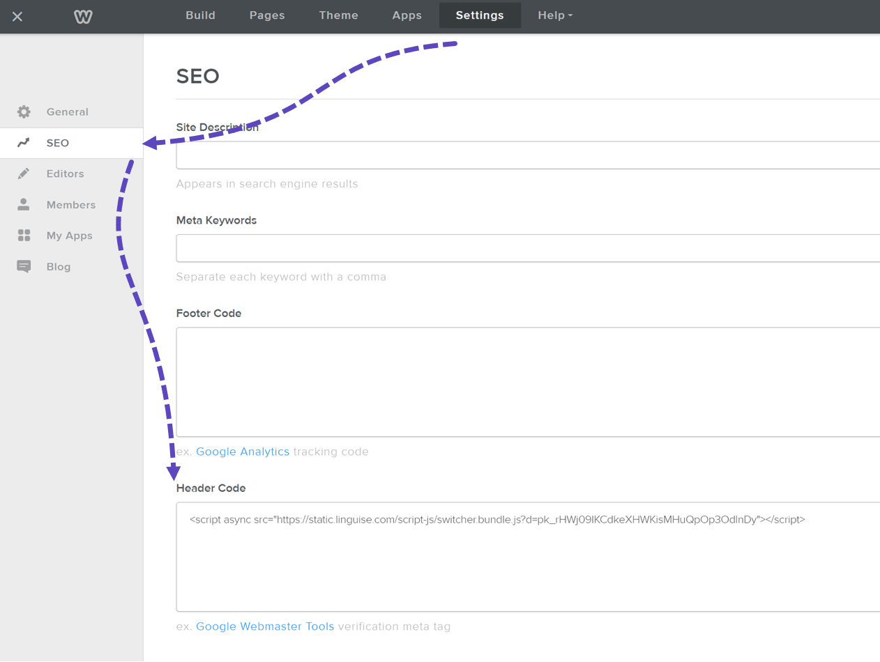 Screenshot of SEO settings page. Blue dotted line.