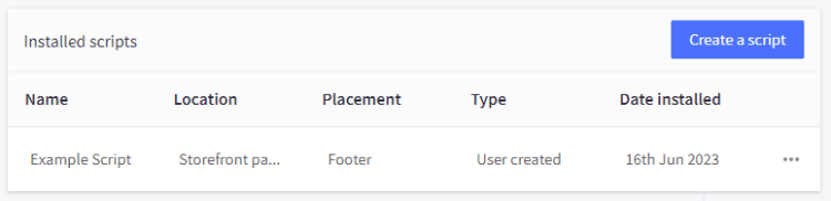 Installed scripts table with example script details