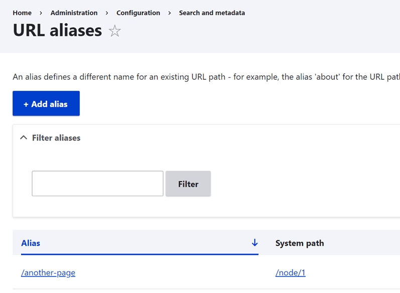 URL aliases configuration screen