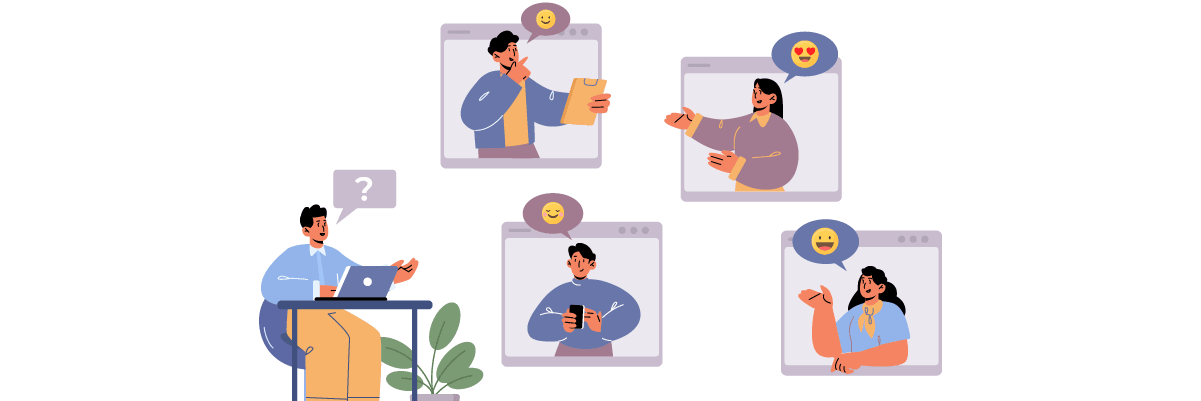 Line drawings of people working at desks and with documents.